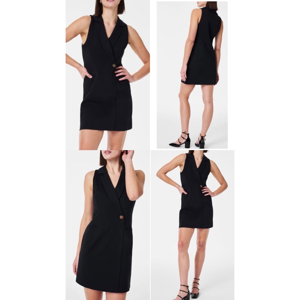 Spanx‎ The Perfect Blazer Dress Black Sleeveless Ponte Knit Mini 2X Gold Button
